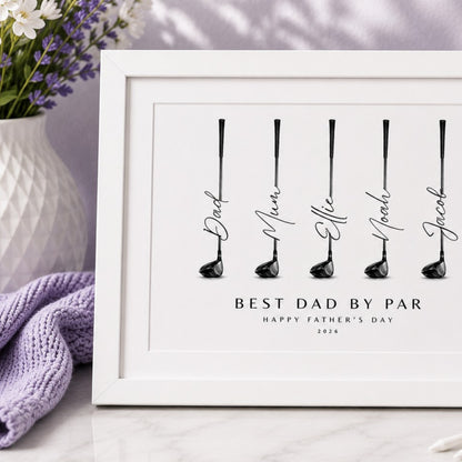 Personalised Print for Golf Lovers featuring golf clubs and names for Father's Day gift.