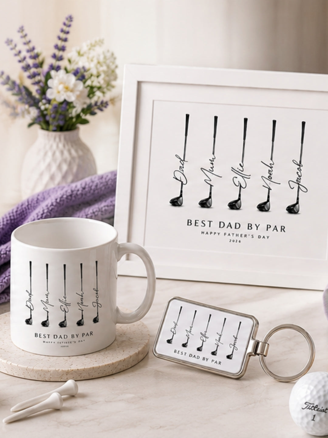 Personalised Print for Golf Lovers displayed with a mug, keychain, and floral decoration.