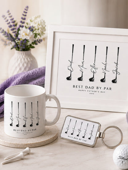Personalised Print for Golf Lovers displayed with a mug, keychain, and floral decoration.