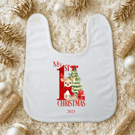 My First Christmas Baby Bib – 2025 Reindeer in Scarf Bib for Newborns & Infants