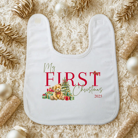 My First Christmas Baby Bib – 2025 Festive Teddy Bib for Newborns & Infants