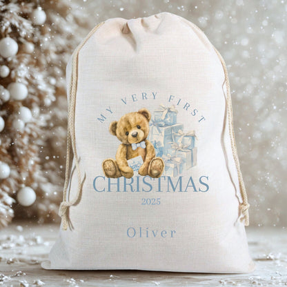 First Christmas Santa Sack with teddy bear design personalised, celebrating a baby's first Christmas.