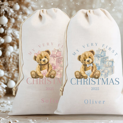 Personalised First Christmas Santa Sacks featuring cute teddy bear designs for baby's first christmas