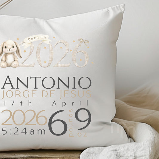 Personalised Baby Keepsake Cushion – Born in 2026 Bunny Design