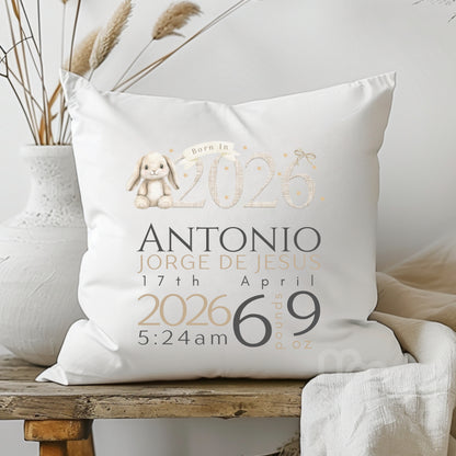 Personalised Baby Keepsake Cushion – Born in 2026 Bunny Design