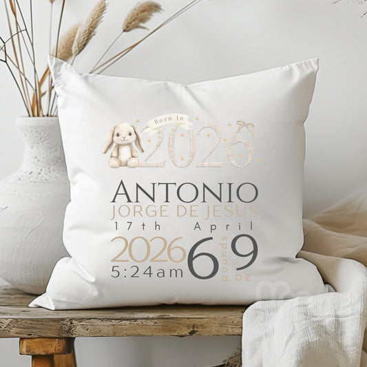 Personalised Baby Keepsake Cushion – Born in 2026 Bunny Design