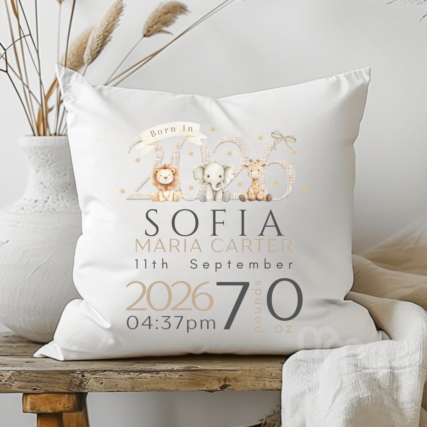 Personalised Safari Cushion for new baby gift, featuring cute jungle animals and custom details for a baby born in 2026.