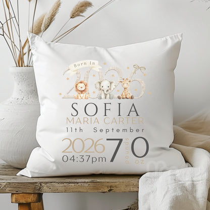 Personalised Safari Cushion for new baby gift, featuring cute jungle animals and custom details for a baby born in 2026.