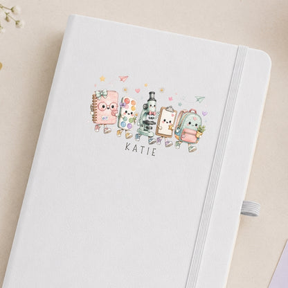 Personalised hardback teacher notebook featuring cute school characters and a custom teacher name.