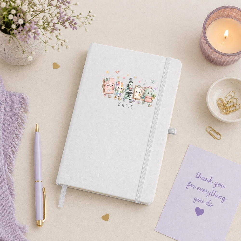 Personalised hardback teacher notebook featuring cute school characters and a custom teacher name.