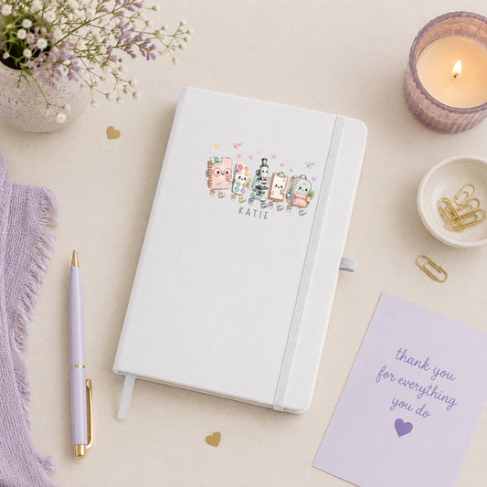Personalised hardback teacher notebook featuring cute school characters and a custom teacher name.