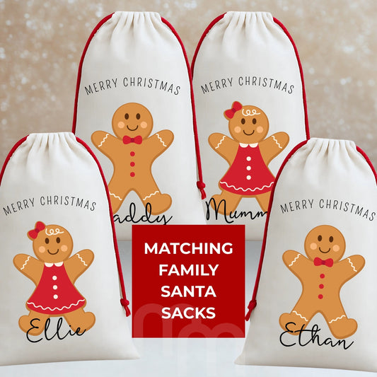 Personalised Matching Family Santa Gift Sacks - Gingerbread Design