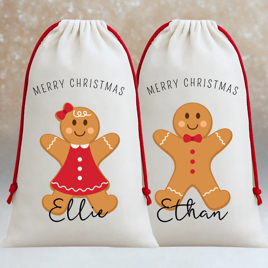 Personalised Matching Family Santa Gift Sacks - Gingerbread Design