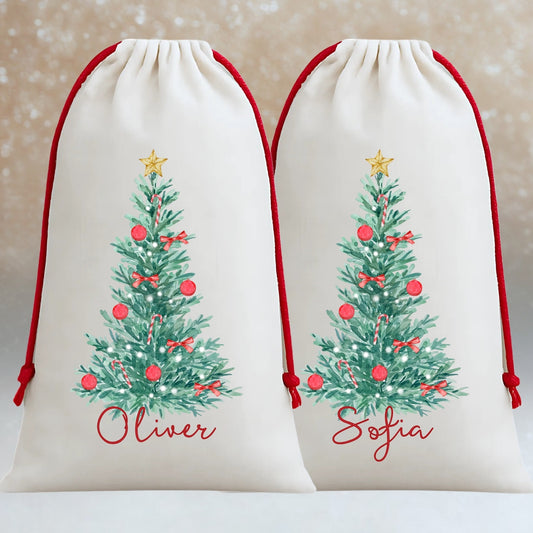 Personalised Family Christmas Gift Sacks – Watercolour Tree Design
