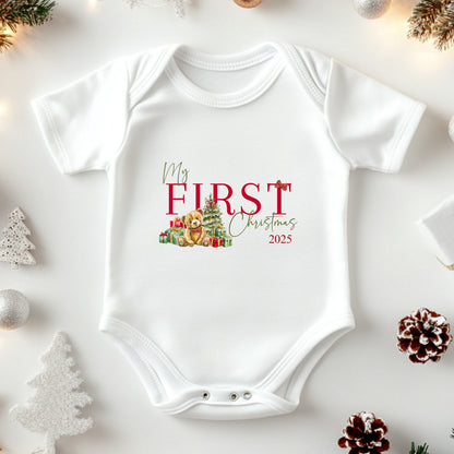 Baby's First Christmas Onesie & Vest Set featuring festive print with teddy bear and gifts, ideal for holiday celebrations.