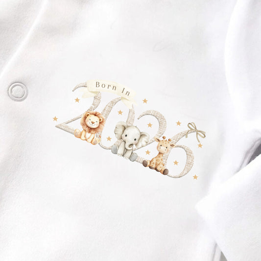 “Born in 2026” Safari Sleepsuit & Vest Gift Set