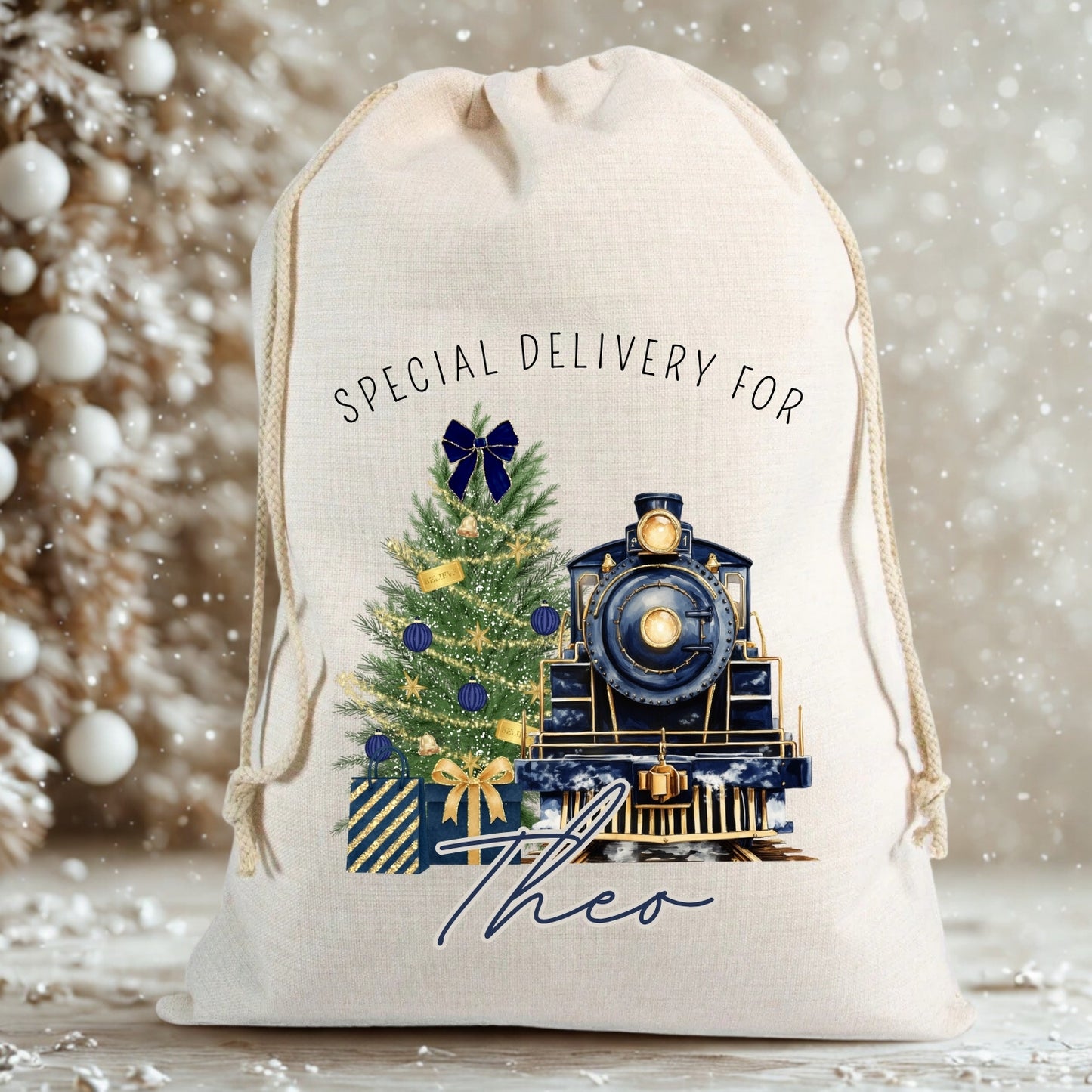 Personalised Christmas Train Gift Sack - Pink or Blue