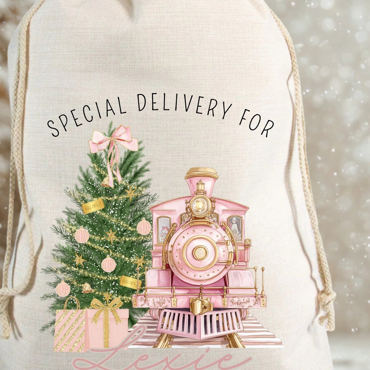Personalised Christmas Train Gift Sack - Pink or Blue