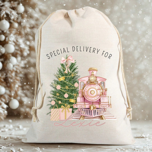 Personalised Christmas Train Gift Sack - Pink or Blue