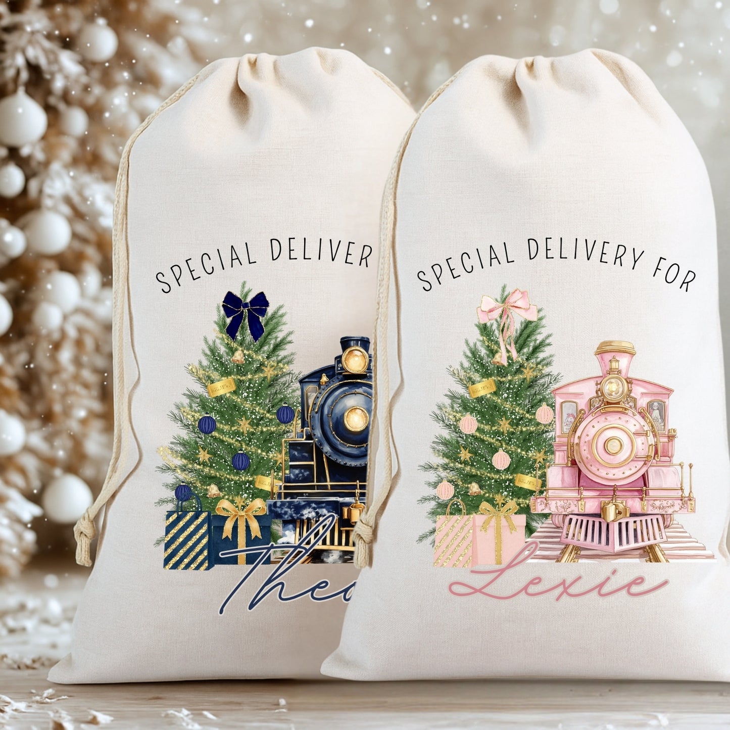Personalised Christmas Train Gift Sack - Pink or Blue
