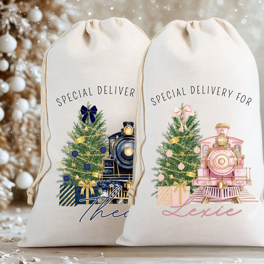 Personalised Christmas Train Gift Sack - Pink or Blue