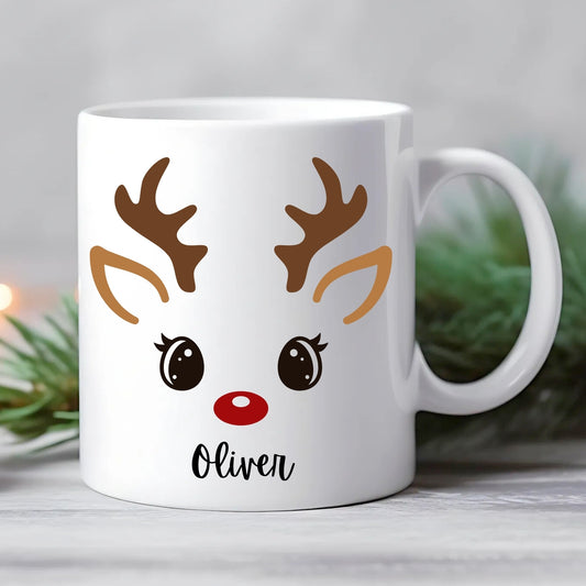 Personalised Children's Reindeer Face Christmas Mug
