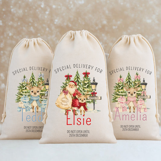 Personalised 'Special Delivery For' Luxury Santa Sack - Reindeer & Santa Design