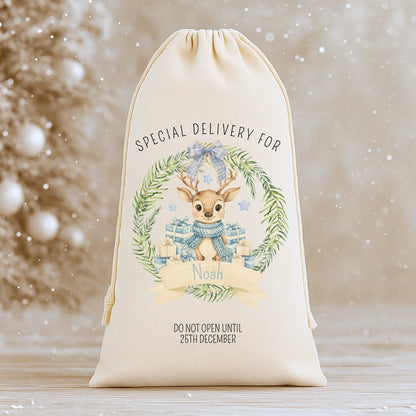 Personalised 'Special Delivery For' Luxury Santa Sack - Reindeer Wreath Design