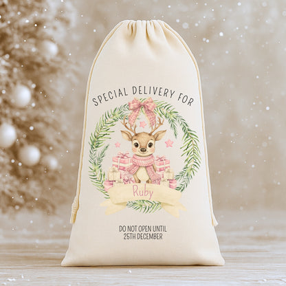 Personalised 'Special Delivery For' Luxury Santa Sack - Reindeer Wreath Design