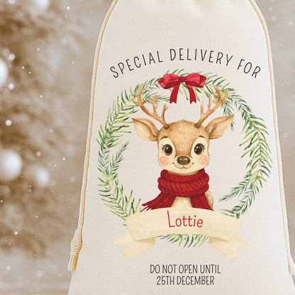 Personalised 'Special Delivery For' Luxury Santa Sack - Reindeer Wreath Design