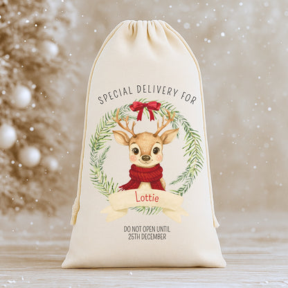 Personalised 'Special Delivery For' Luxury Santa Sack - Reindeer Wreath Design