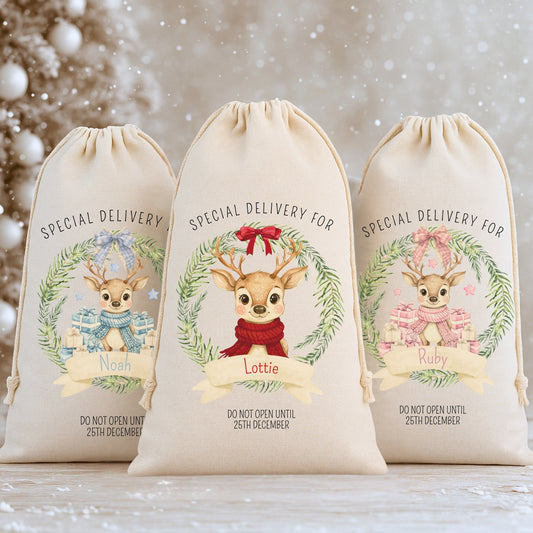 Personalised 'Special Delivery For' Luxury Santa Sack - Reindeer Wreath Design