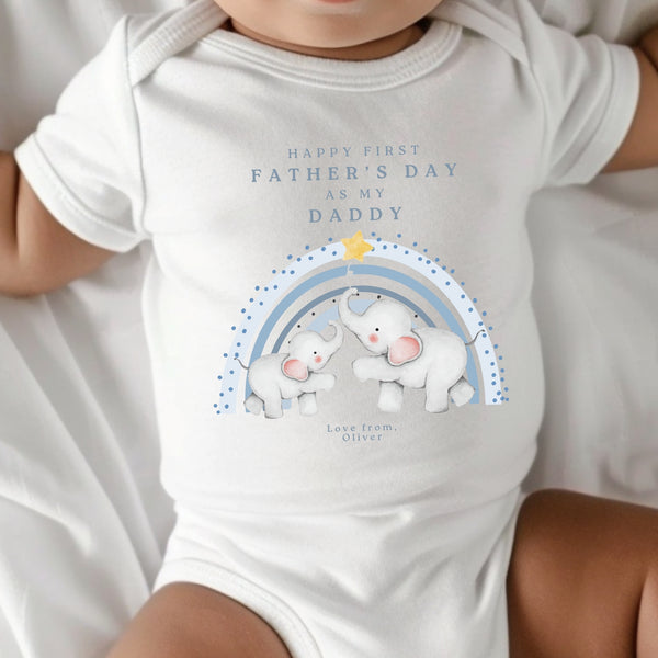 Personalised First Fathers Day Baby Vest - Cute Elephants Blue