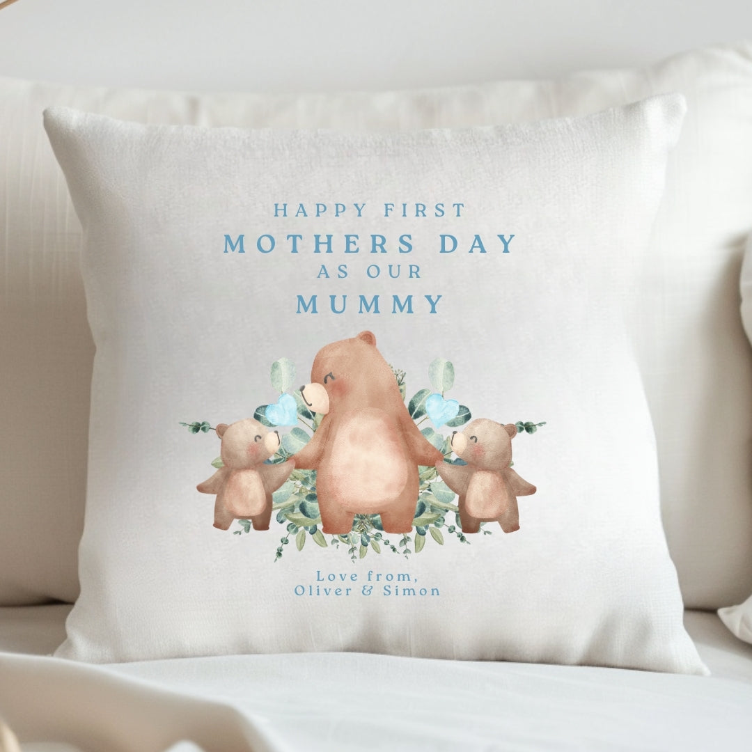 Personalised First Mother's Day Twin Boys Cushion - Blue Bears