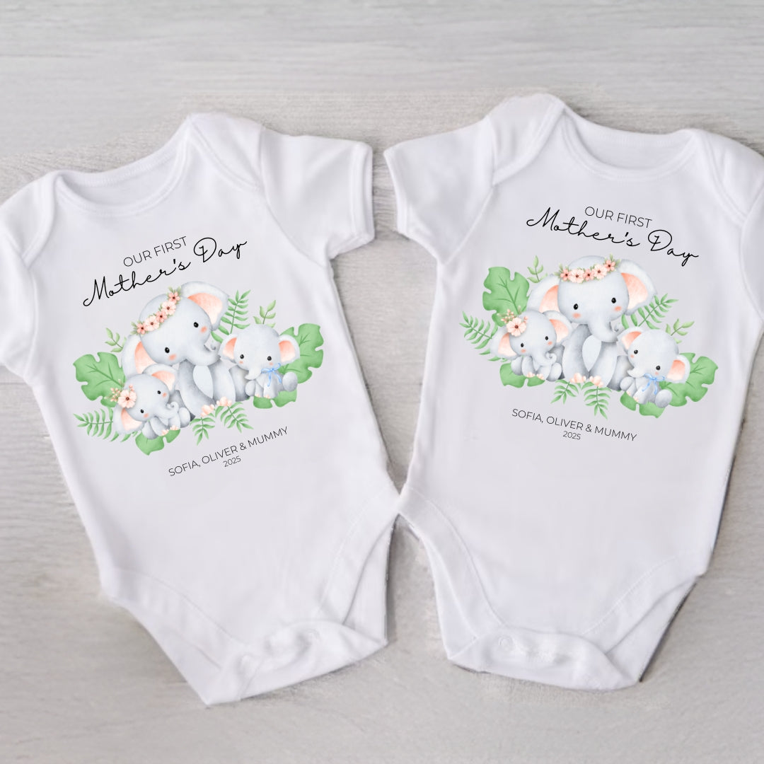 Personalised First Mother's Day Twin Girl & Twin Boy Baby Vest - Elephants