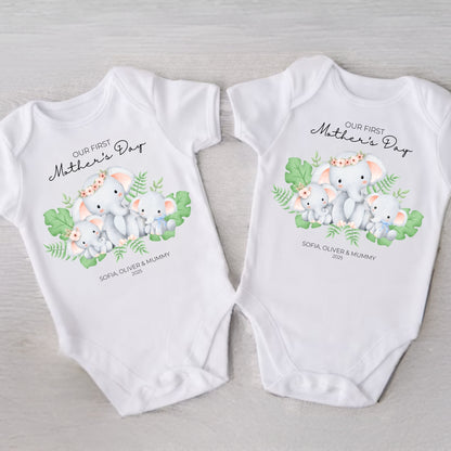 Personalised First Mother's Day Twin Girl & Twin Boy Baby Vest - Elephants