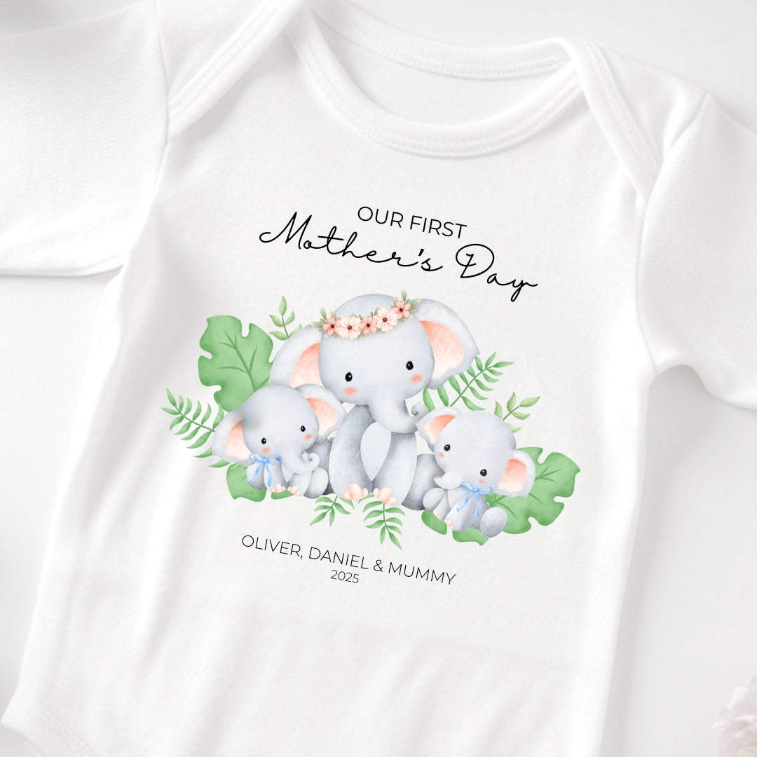 Personalised First Mother's Day Twin Boys Vest - Elephants