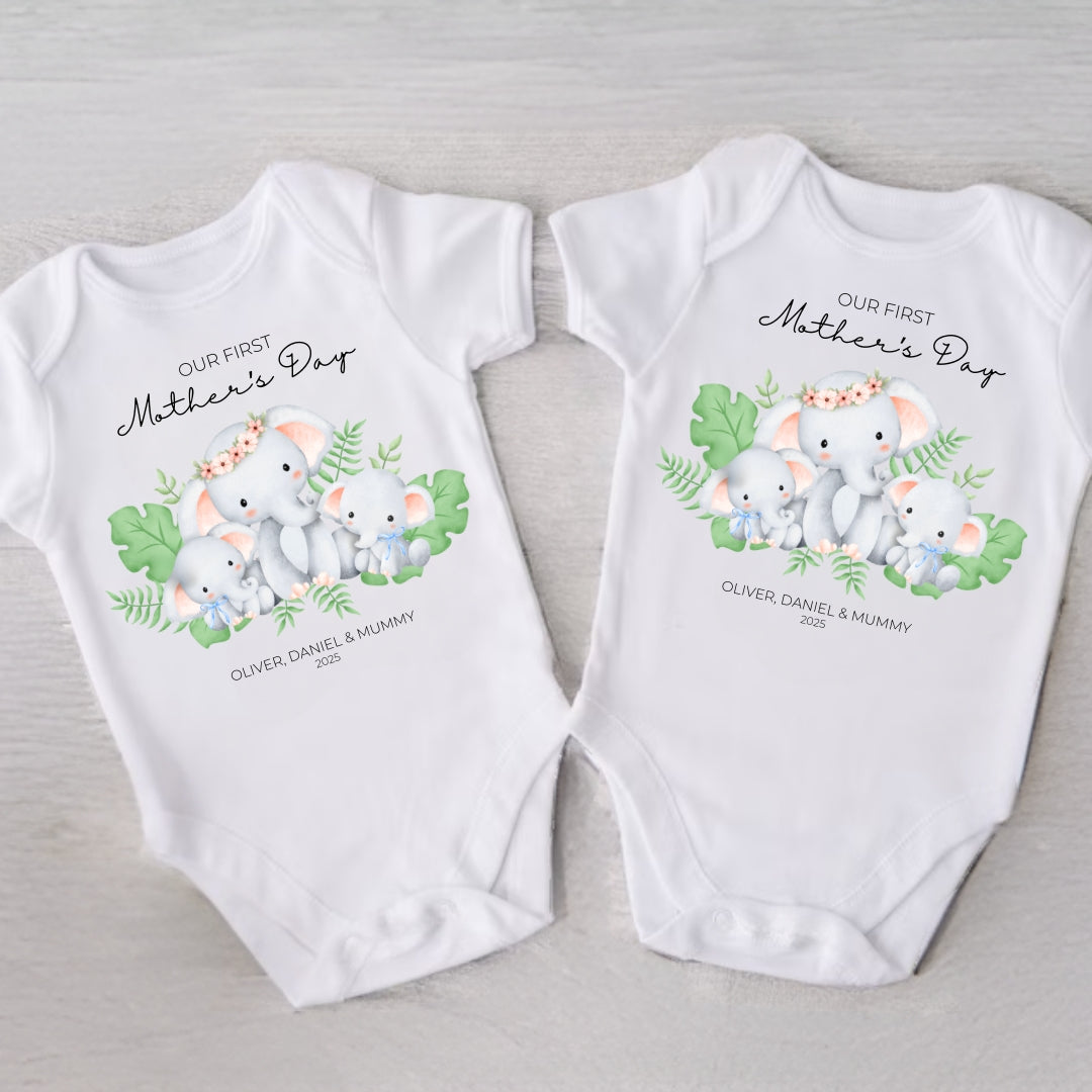 Personalised First Mother's Day Twin Boys Vest - Elephants