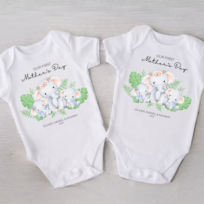 Personalised First Mother's Day Twin Boys Vest - Elephants