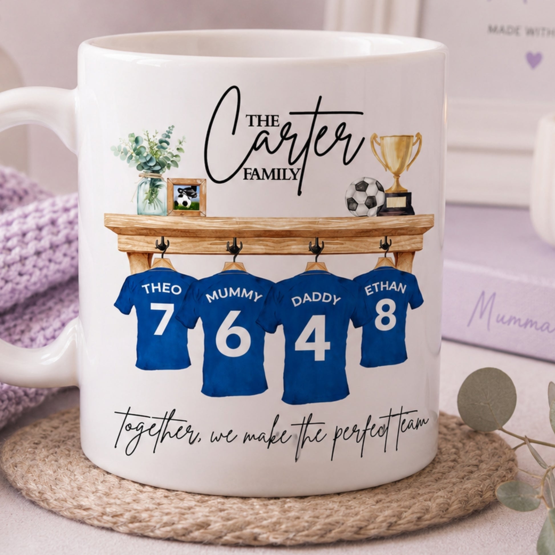 Personalised Football Lover Gift Mug featuring custom name and team jersey designs for a unique family gift.