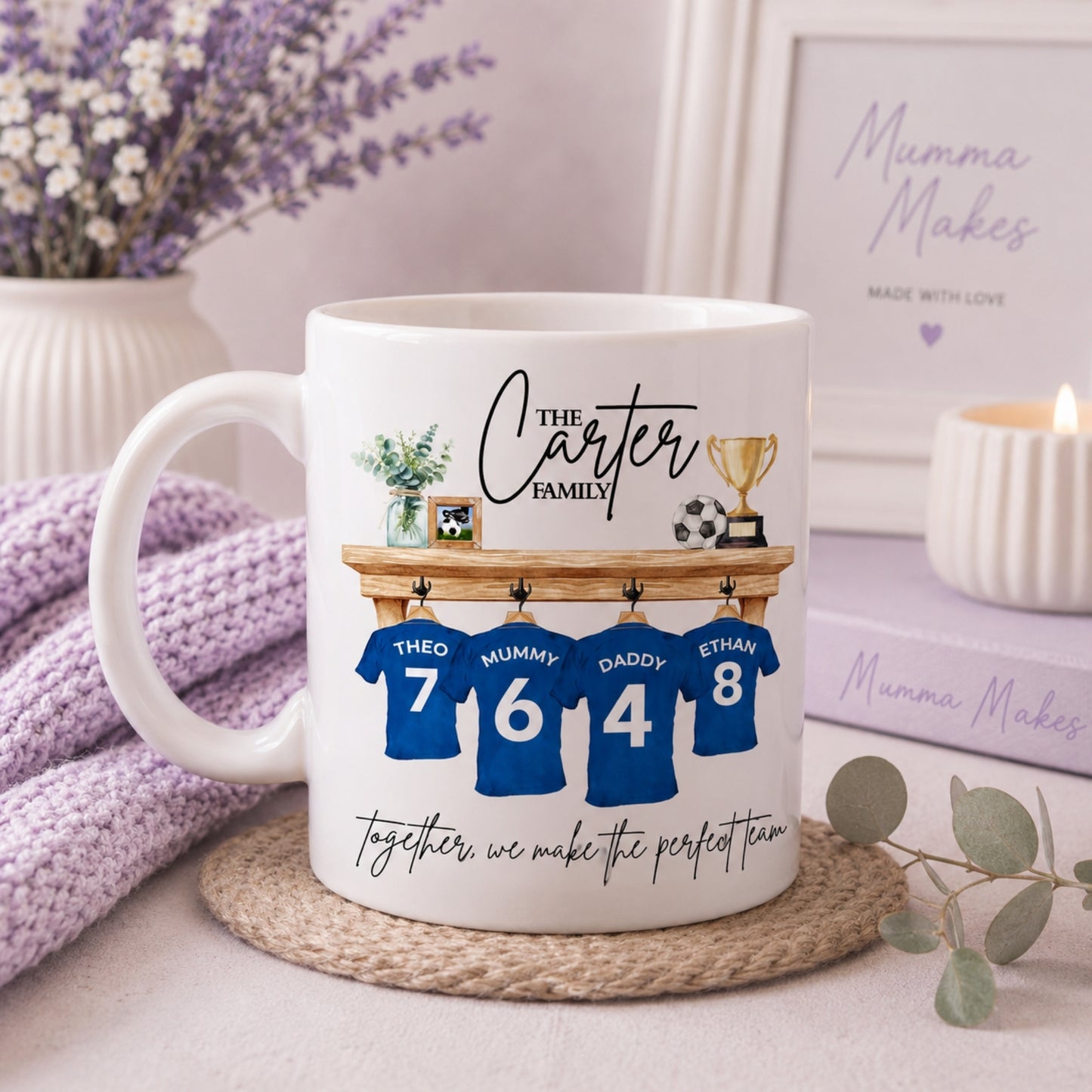 Personalised Football Lover Gift Mug featuring family name and football jerseys design.