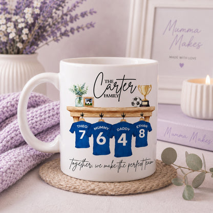 Personalised Football Lover Gift Mug featuring family name and football jerseys design.