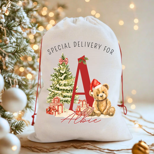 Personalised 'Special Delivery for' Monogram Christmas Teddy Santa Sack