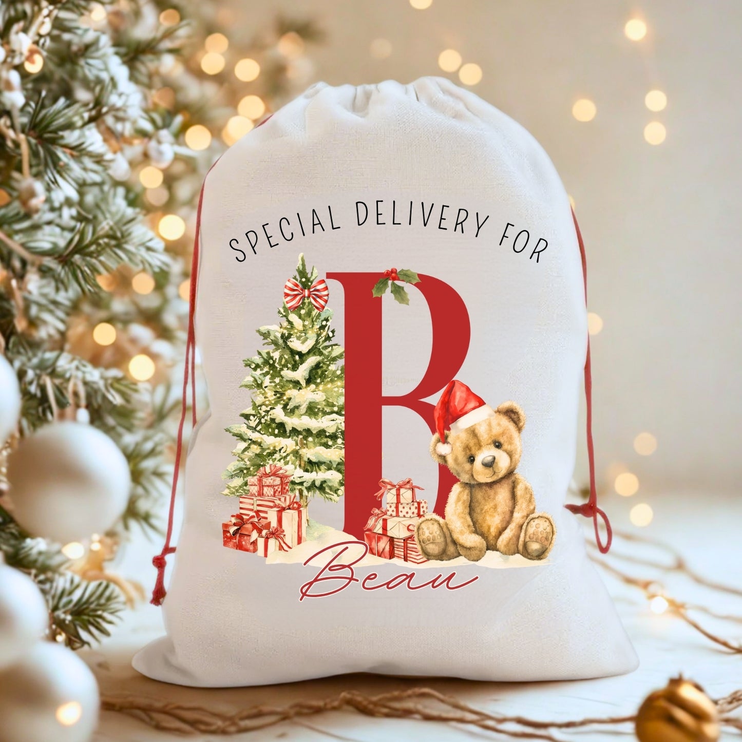 Personalised 'Special Delivery for' Monogram Christmas Teddy Santa Sack