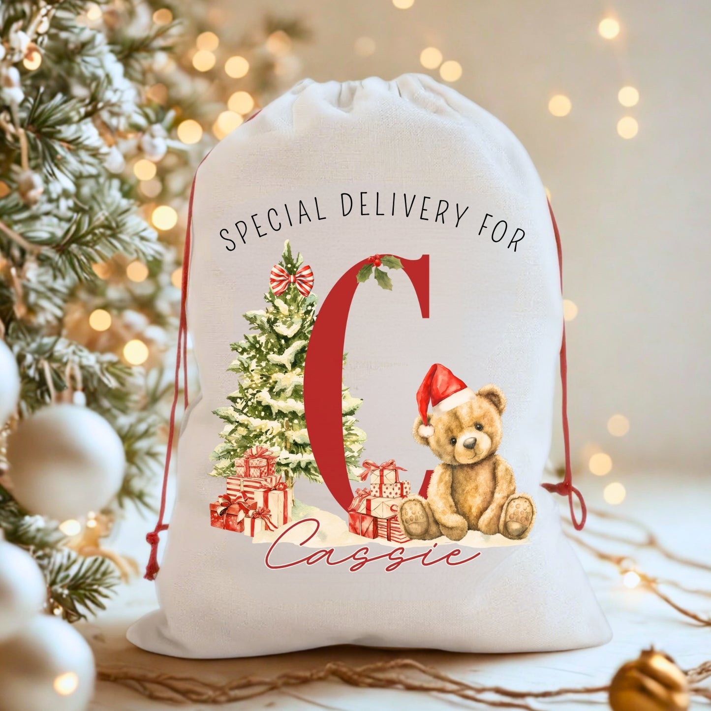 Personalised 'Special Delivery for' Monogram Christmas Teddy Santa Sack