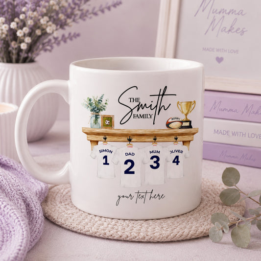 personalised mug for rugby fan with team colours and family names Gift for Rugby Dads