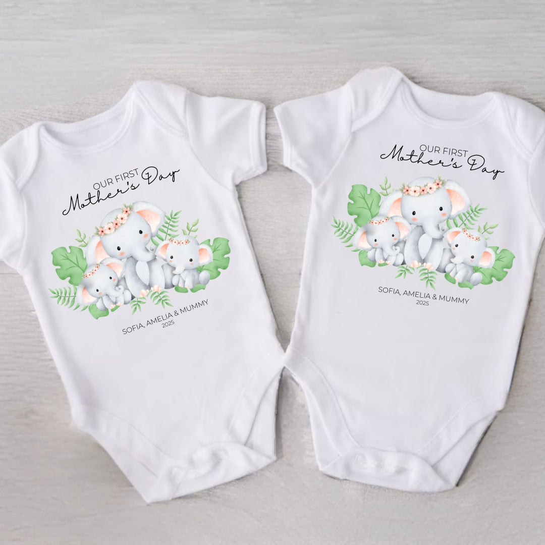 Personalised First Mother's Day Twin Girls Vests - Pink Elephants