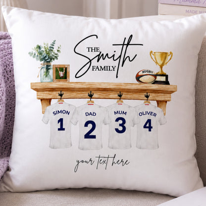 Personalised rugby fan cushion featuring family names and rugby elements for sports lovers.