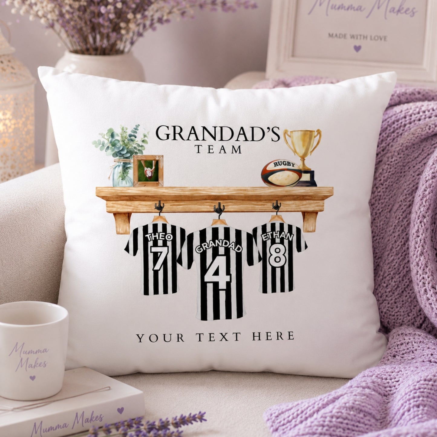 Personalised rugby fan cushion with customisable names and trophy design for rugby enthusiasts.