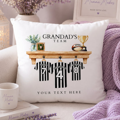 Personalised rugby fan cushion with customisable names and trophy design for rugby enthusiasts.